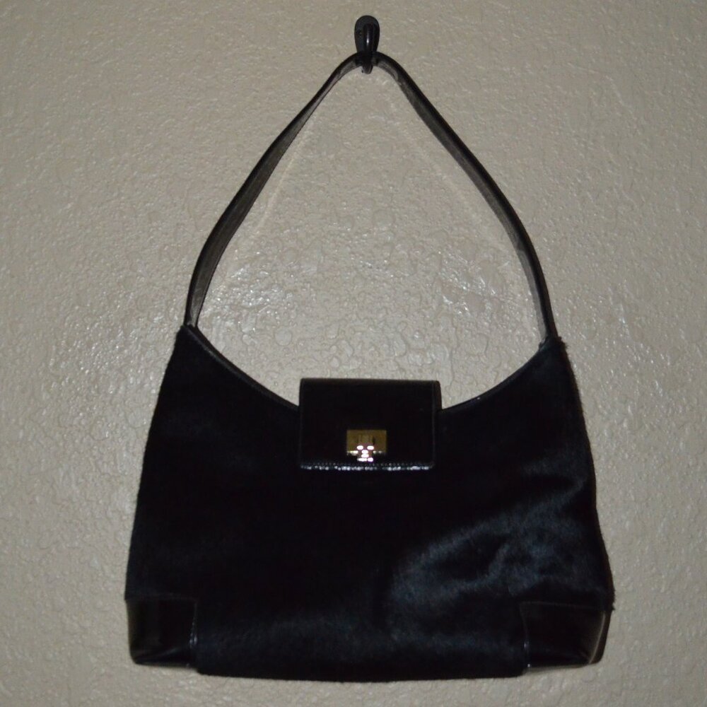 Lambertson Truex Black Pony Hairt Patent Leather Shoulder Strap Handbag